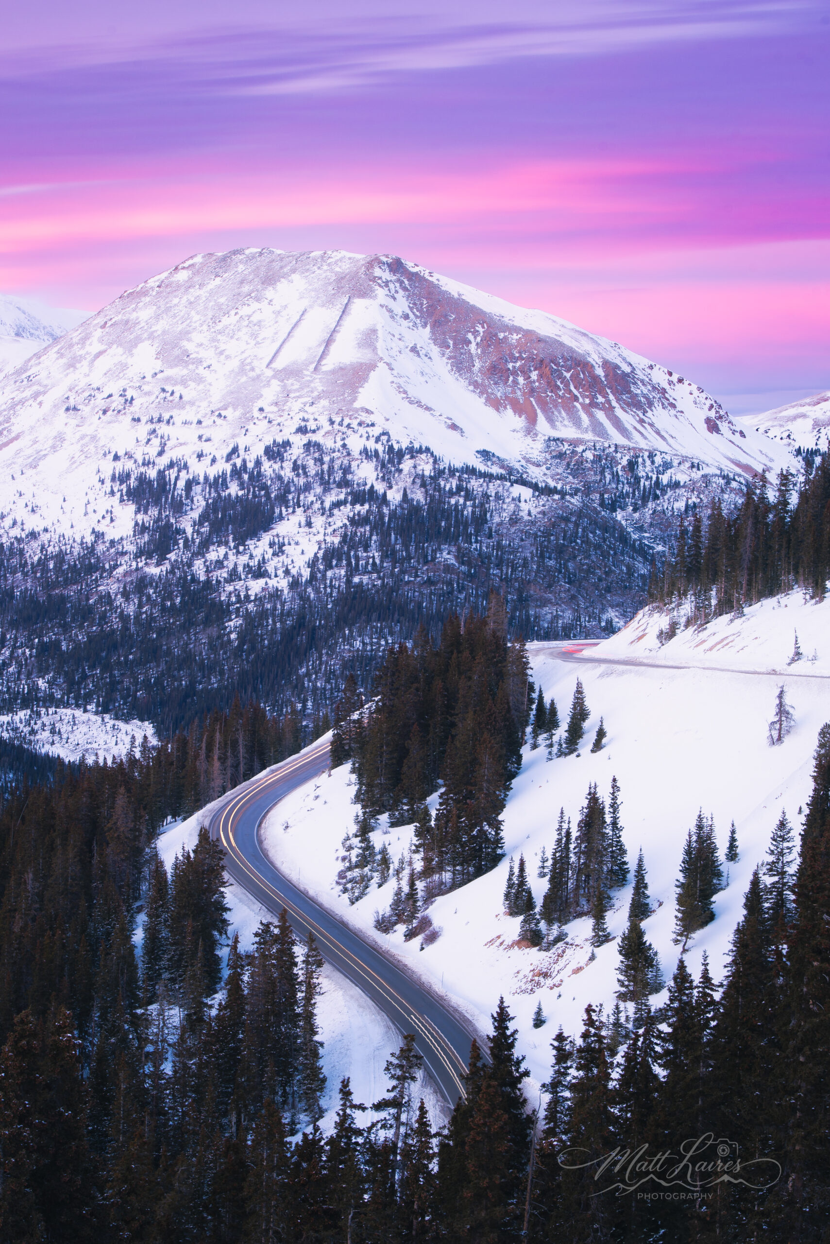 Loveland Pass in winter with a sunset.